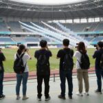 진해 공설운동장에서 블랙이글스 에어쇼를 관람하는 사람들