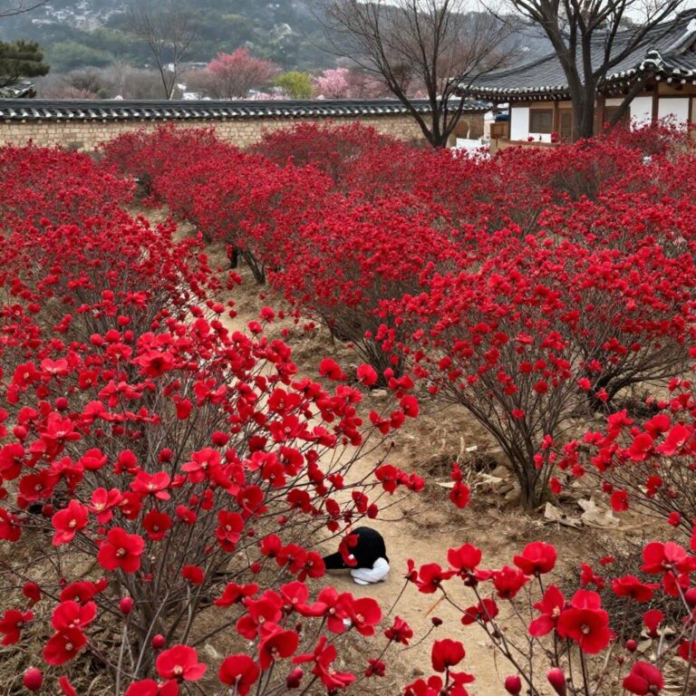 봉은사 홍매화 전각과 함께 핀 붉은 꽃