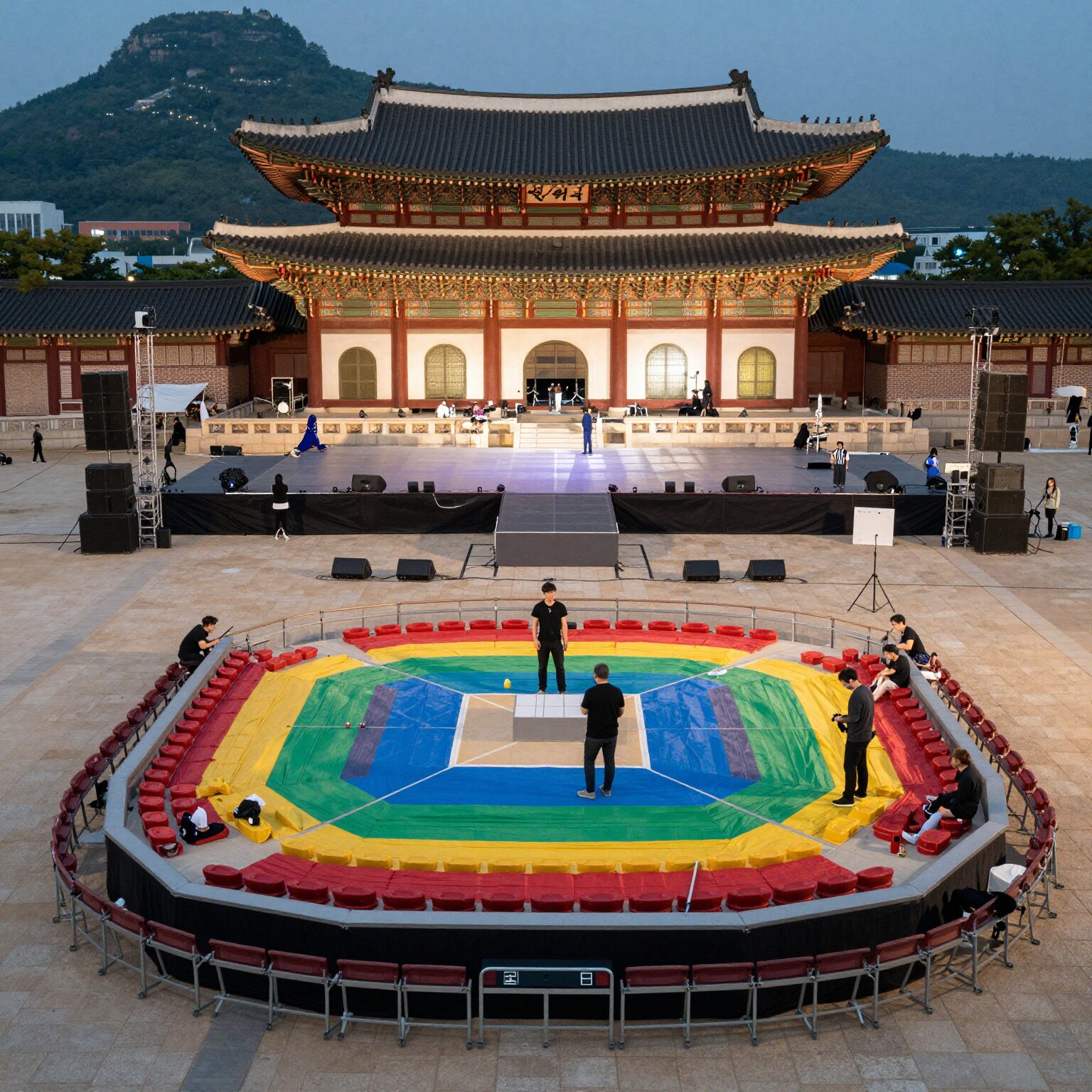 BTS 광화문 콘서트 전날 무대와 좌석 세팅이 완료된 광화문 광장 전경