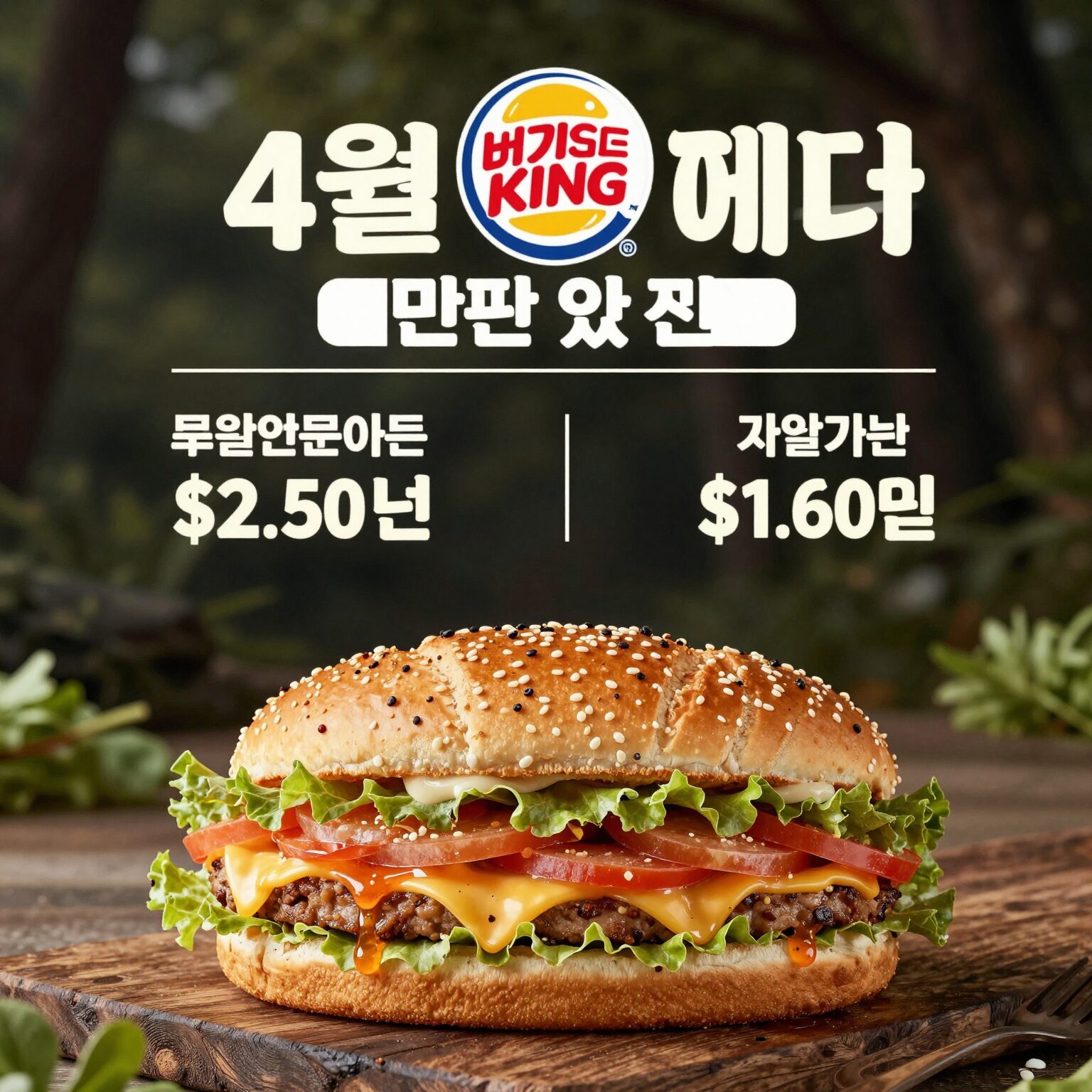 버거킹 4월 행사 메뉴 구성과 가격표가 적힌 포스터