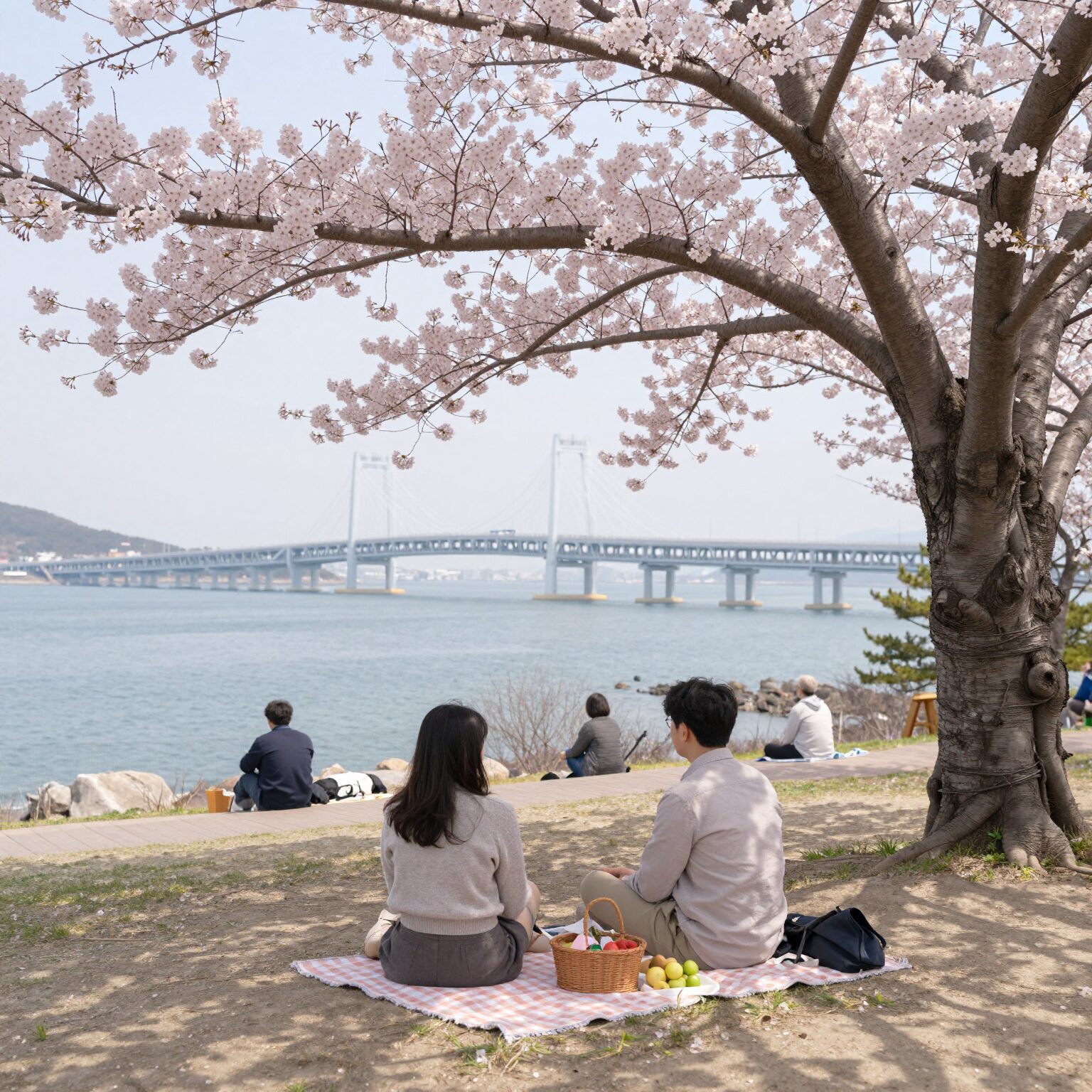 부산 민주공원 겹벚꽃 동산에서 핑크빛 나무 아래 피크닉 즐기는 모습과 멀리 보이는 부산항대교