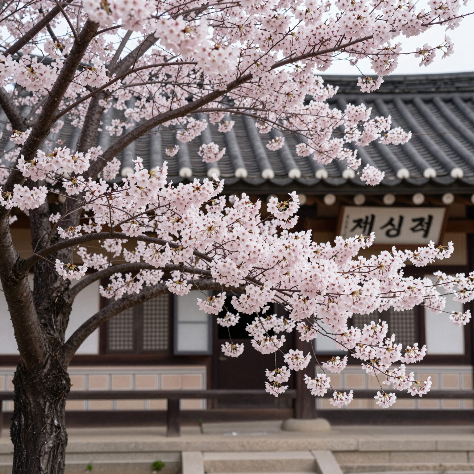 서산 개심사 명부전 앞에 핀 독특한 연둣빛 청벚꽃의 모습