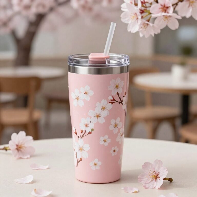 벚꽃 무늬가 그려진 핑크색 텀블러가 카페 테이블 위에 놓여 있고 옆에 핑크빛 꽃잎이 흩뿌려져 있다