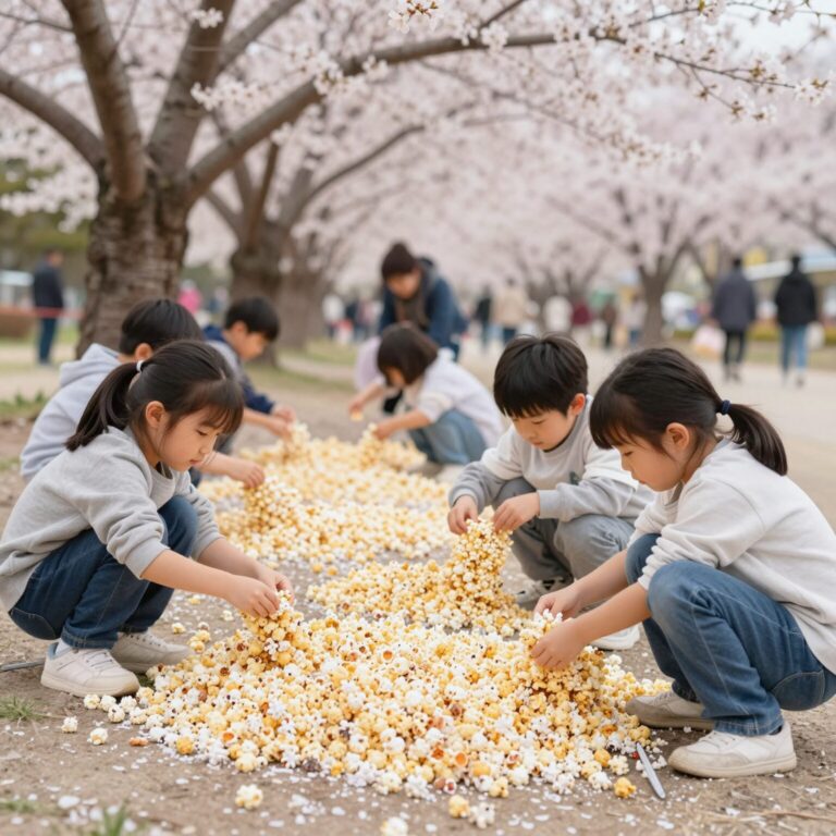아이들이 팝콘을 붙여 벚꽃나무를 꾸미고 있는 모습