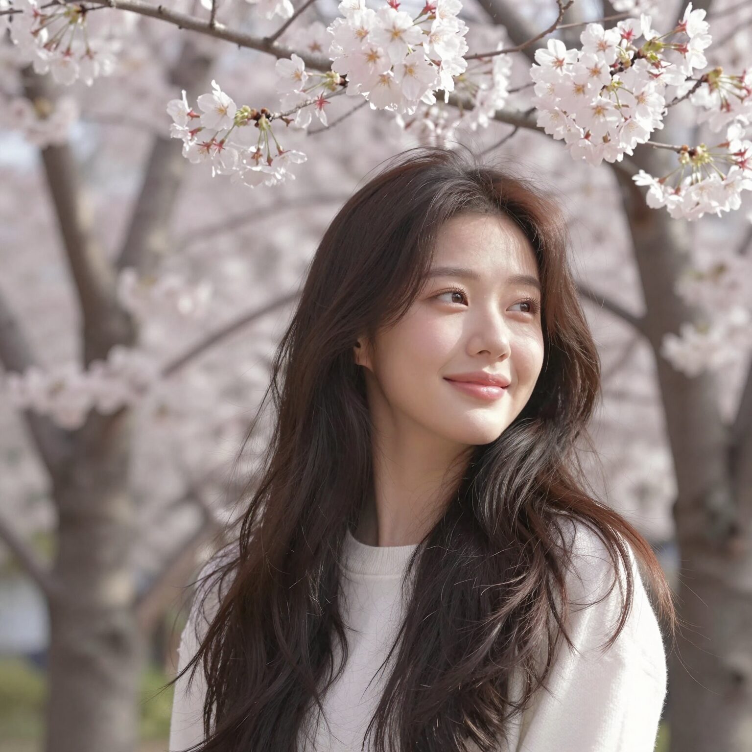 벚꽃 나무 아래에서 건강하고 윤기 나는 머릿결을 가진 여성이 미소 지으며 서 있음