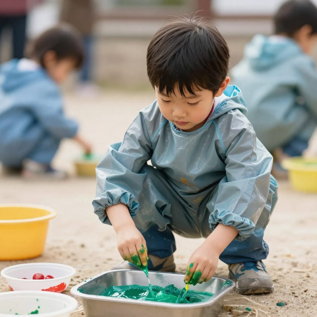 아이가 방수 미술 가운을 입고 즐겁게 물감 놀이를 하는 모습