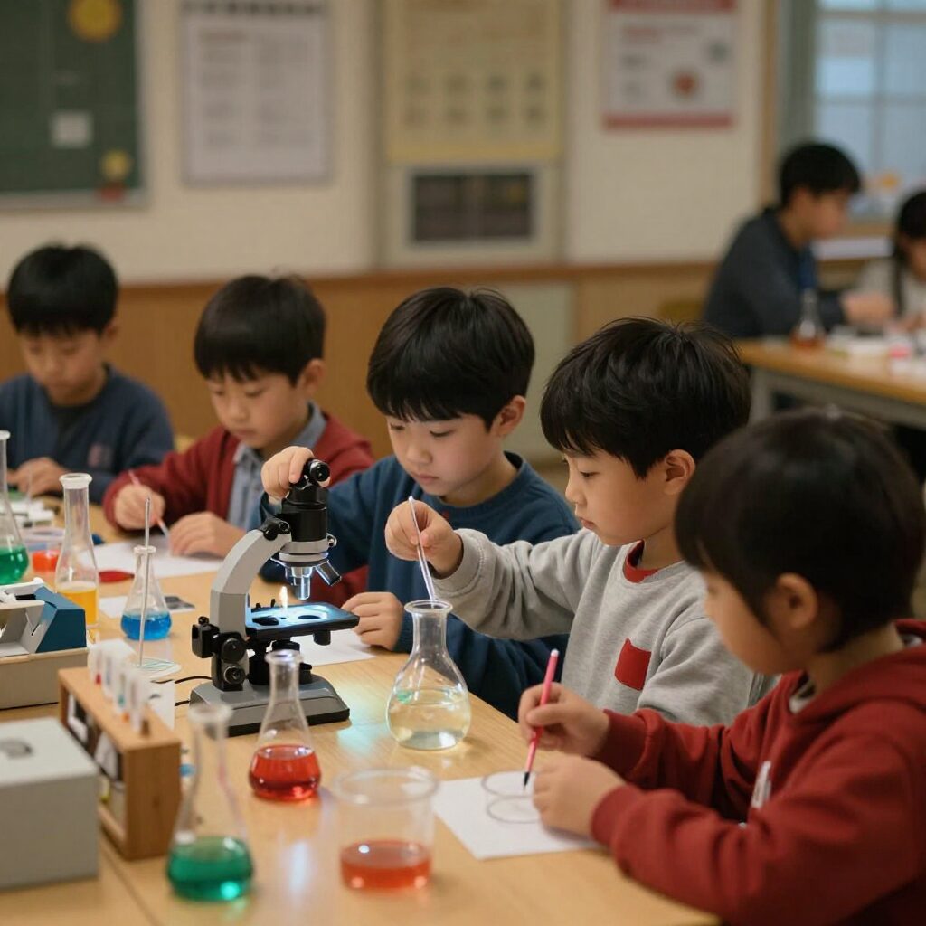 어린이가 과학실험을 즐기며 호기심을 보이는 모습