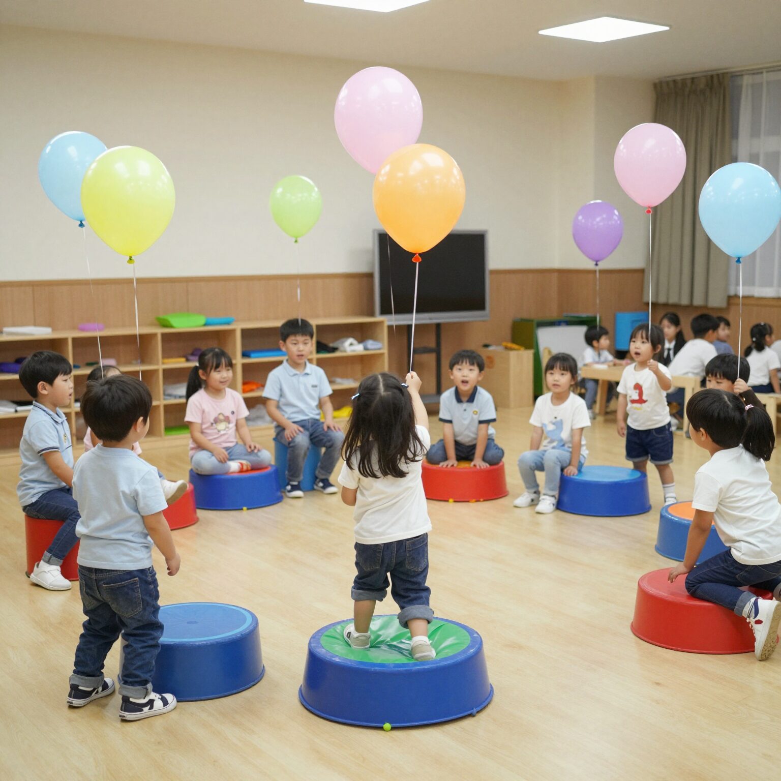 어린이집 어린이날 행사에서 아이들이 풍선과 에어바운스에서 즐겁게 노는 모습