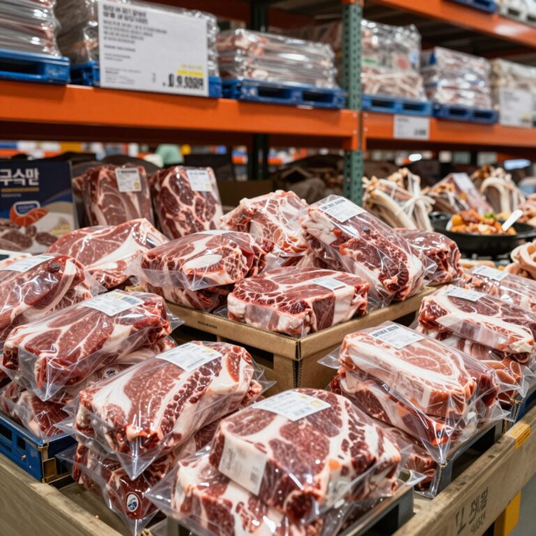 코스트코에서 판매하는 다양한 할인 소고기와 포장된 정육 코너