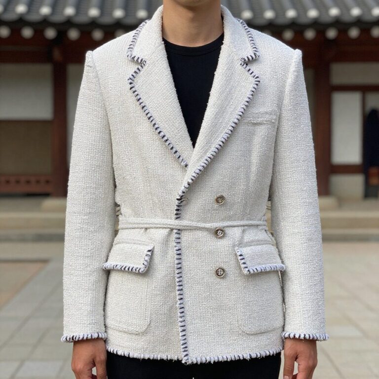 화이트 바탕에 다양한 색상의 실이 섞인 수제 맞춤 트위드 자켓으로 큰 카라와 잘록한 허리라인이 특징이다