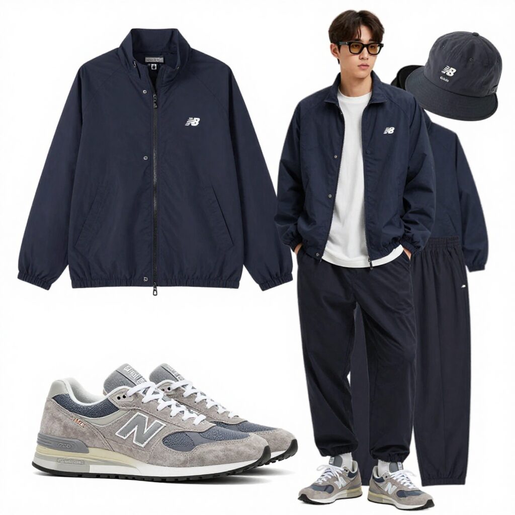 폴로 코치자켓과 뉴발란스 993 그레이 신발을 함께 착용한 데일리 코디