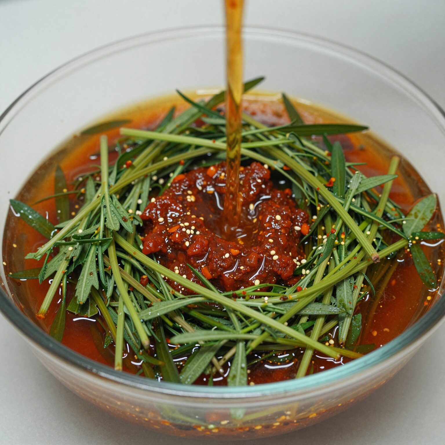 데치고 물기 뺀 민들레와 고추장 베이스 양념을 섞는 과정