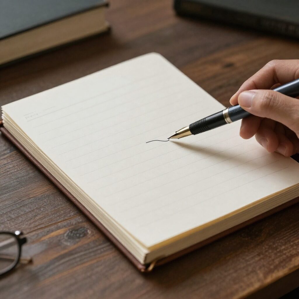 일기장과 펜이 놓여있는 책상 위의 평화로운 모습