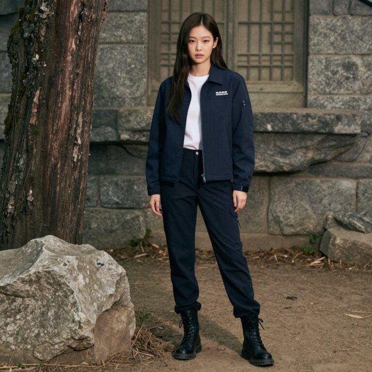 에스파 닝닝이 착용한 디스커버리 베르텍스 크롭자켓과 부츠컷 팬츠 코디