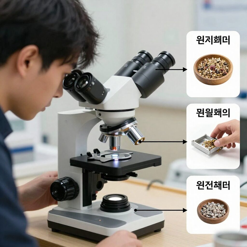 전자 현미경과 광학 현미경의 원리 비교 다이어그램
