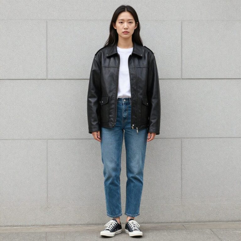 검정 가죽 라이더 자켓을 입은 여성이 청바지와 스니커즈와 함께 캐주얼하게 코디한 모습