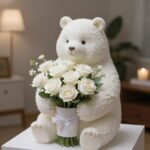 곰인형이 안고 있는 화이트데이 비누꽃 꽃다발과 무드등