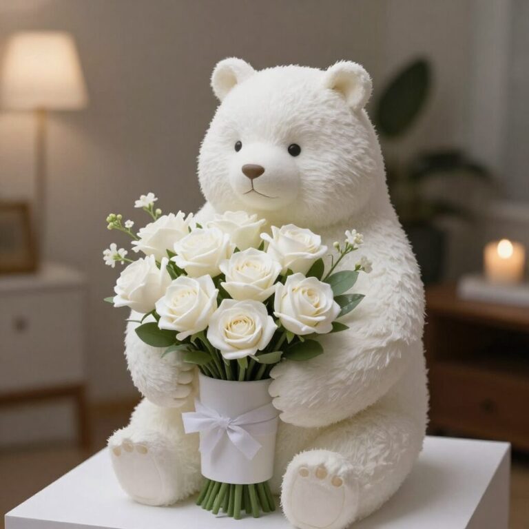 곰인형이 안고 있는 화이트데이 비누꽃 꽃다발과 무드등