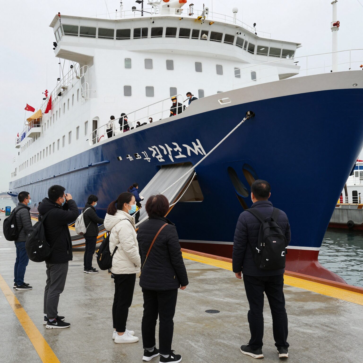 가파도 선착장에 도착한 정기여객선과 탑승 대기하는 여행객들
