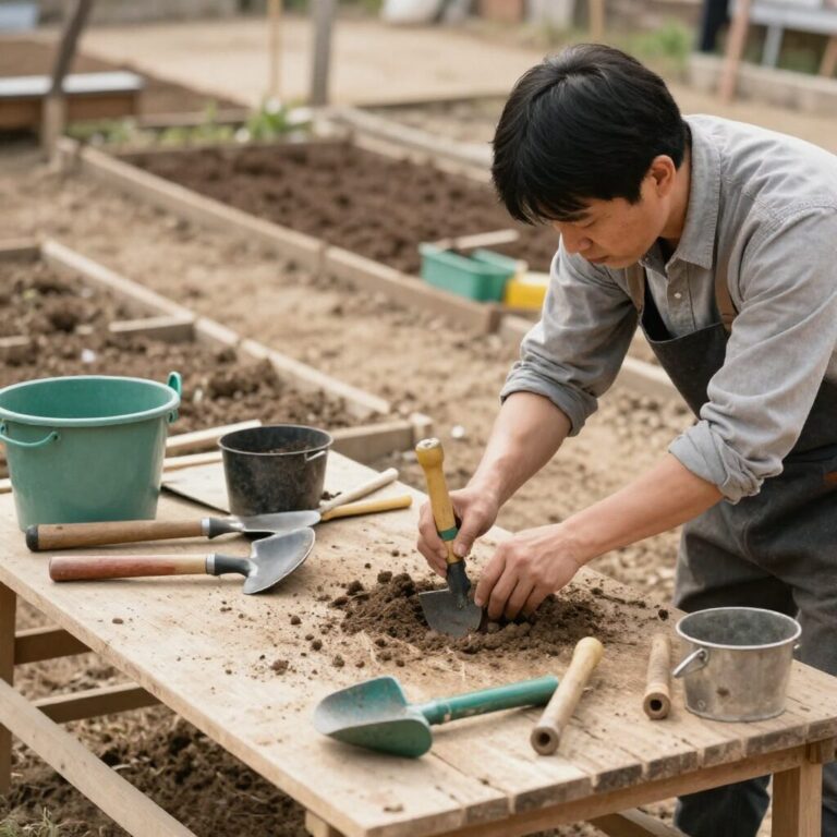 봄 텃밭 준비를 위해 작업대 위에 정리된 다양한 도구들