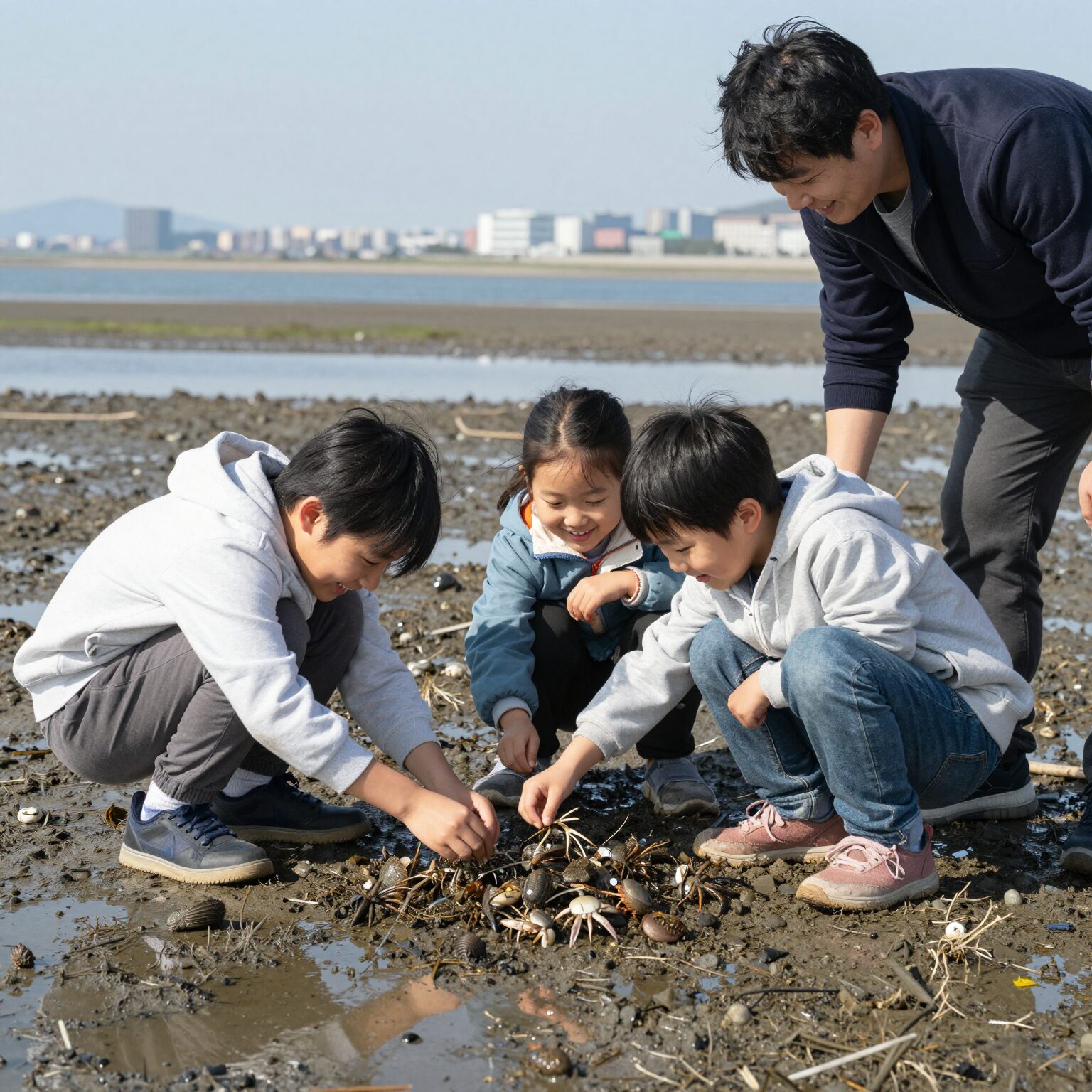 가족이 함께 인천 하나개해수욕장 갯벌에서 갯가재를 관찰하고 웃고 있는 모습