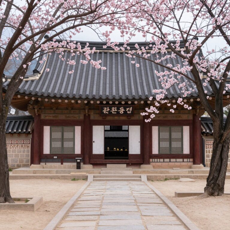 순천 금둔사 대웅전 앞마당과 분홍 매화 나무