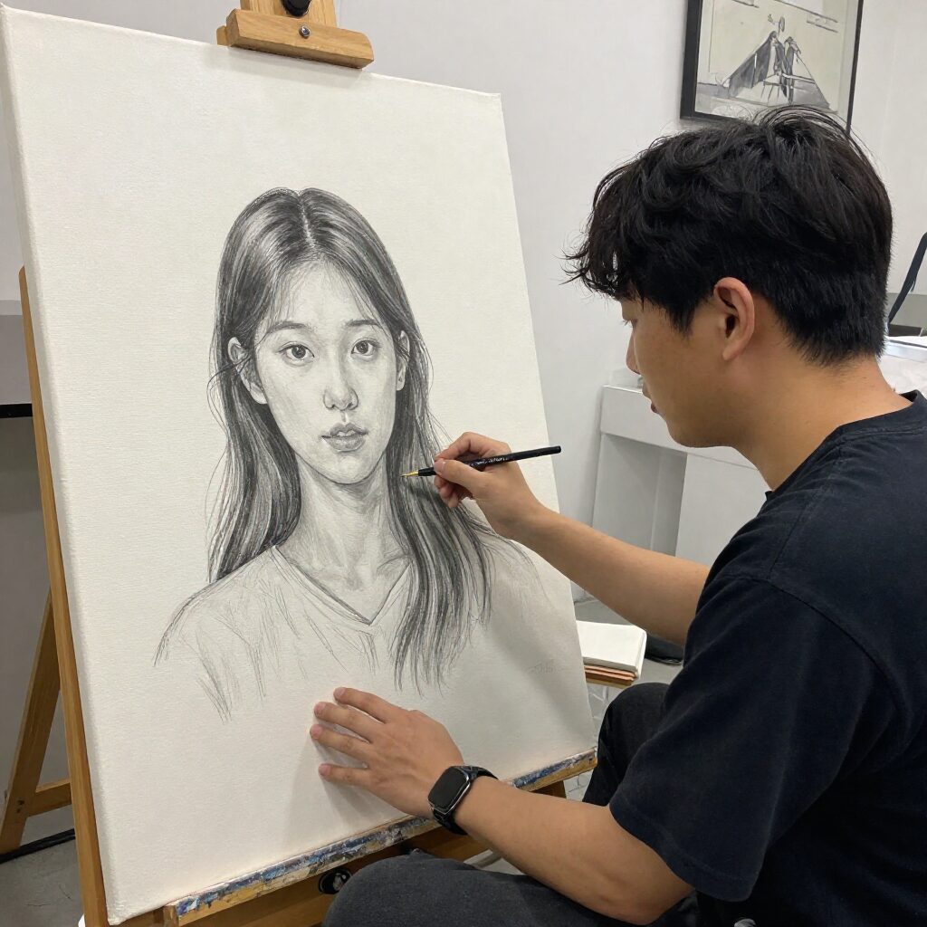 기안84가 캔버스 앞에서 이토 준지에게 선물할 그림을 완성하는 모습