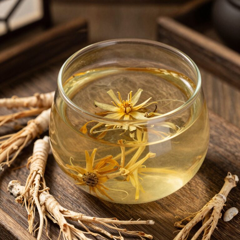 덖어서 말린 생강나무 꽃차와 찻잔에 우려낸 모습