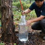 고로쇠 수액 채취 현장에서 나무에 호스를 연결해 투명한 병에 물이 받아지는 모습