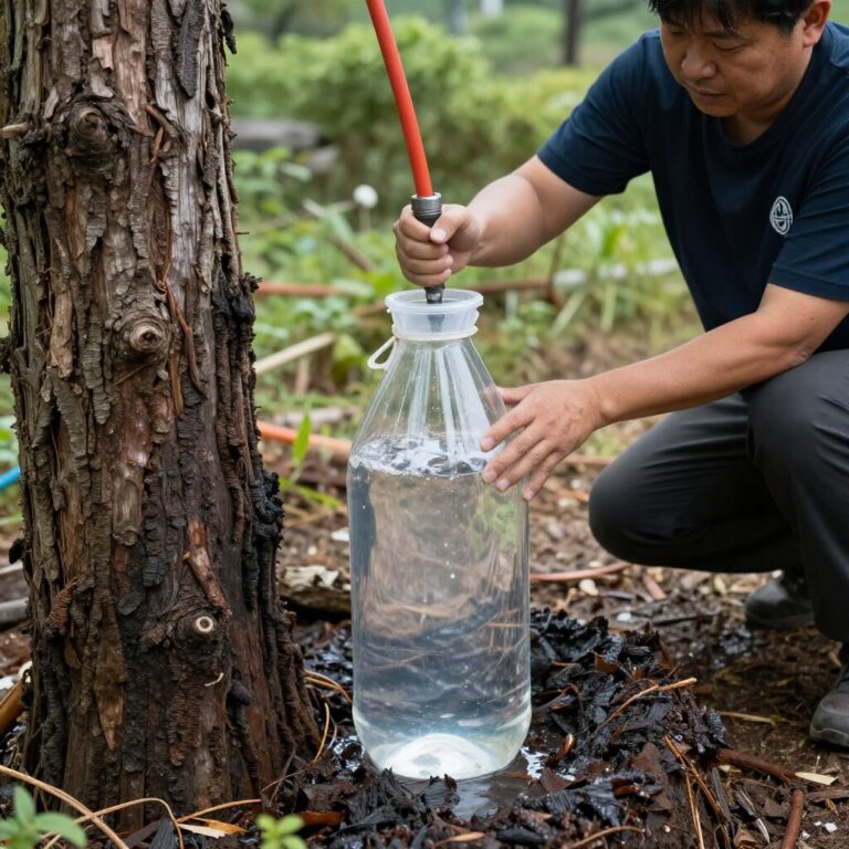 고로쇠 수액 채취 현장에서 나무에 호스를 연결해 투명한 병에 물이 받아지는 모습