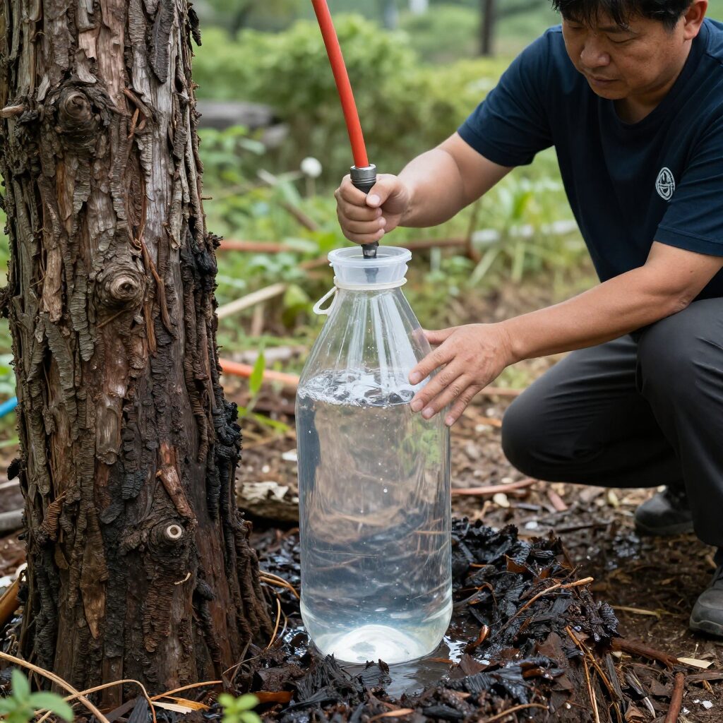 고로쇠 수액 채취 현장에서 나무에 호스를 연결해 투명한 병에 물이 받아지는 모습