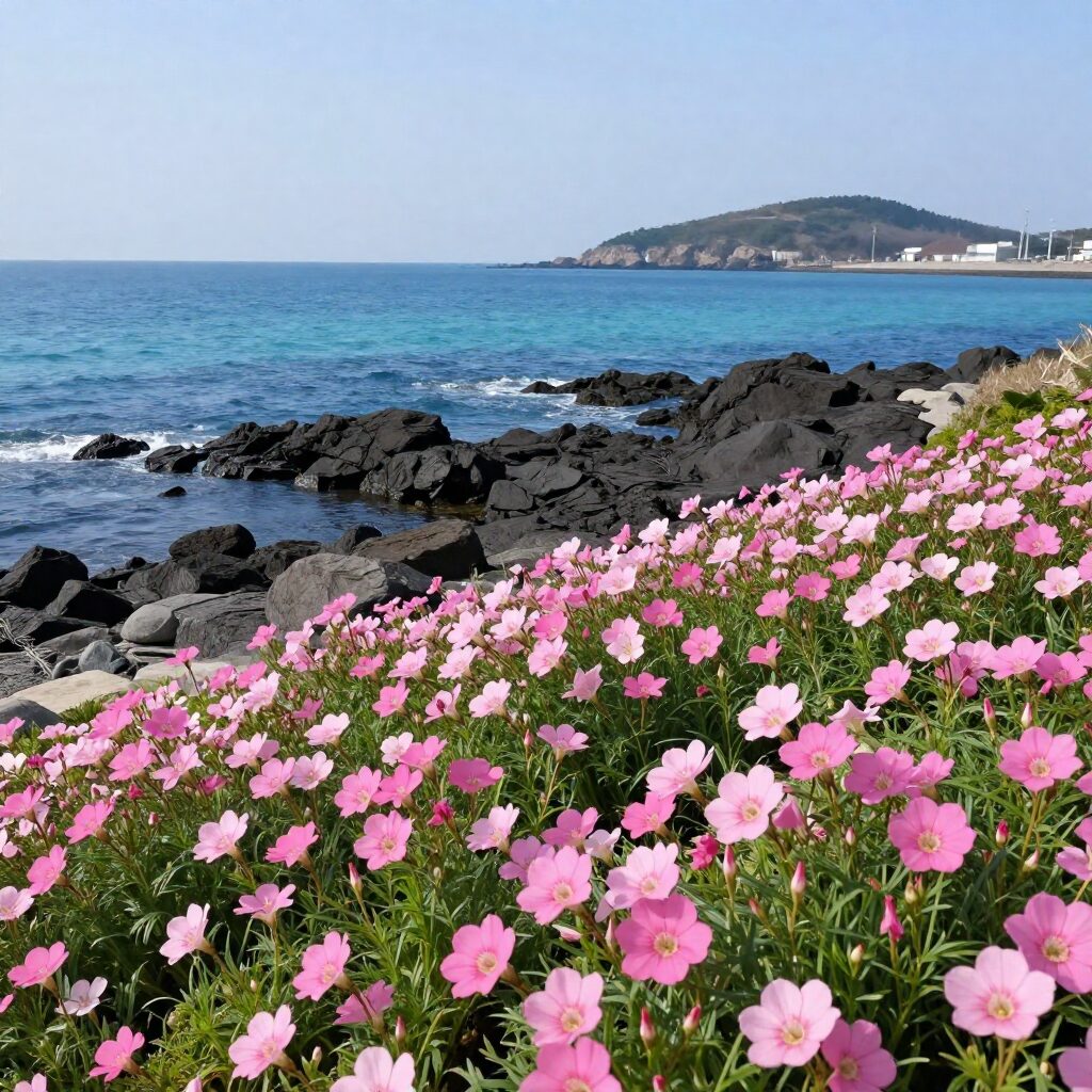 거제 공곶이에서 핀 수선화와 동백꽃, 그리고 푸른 바다가 어우러진 봄 풍경