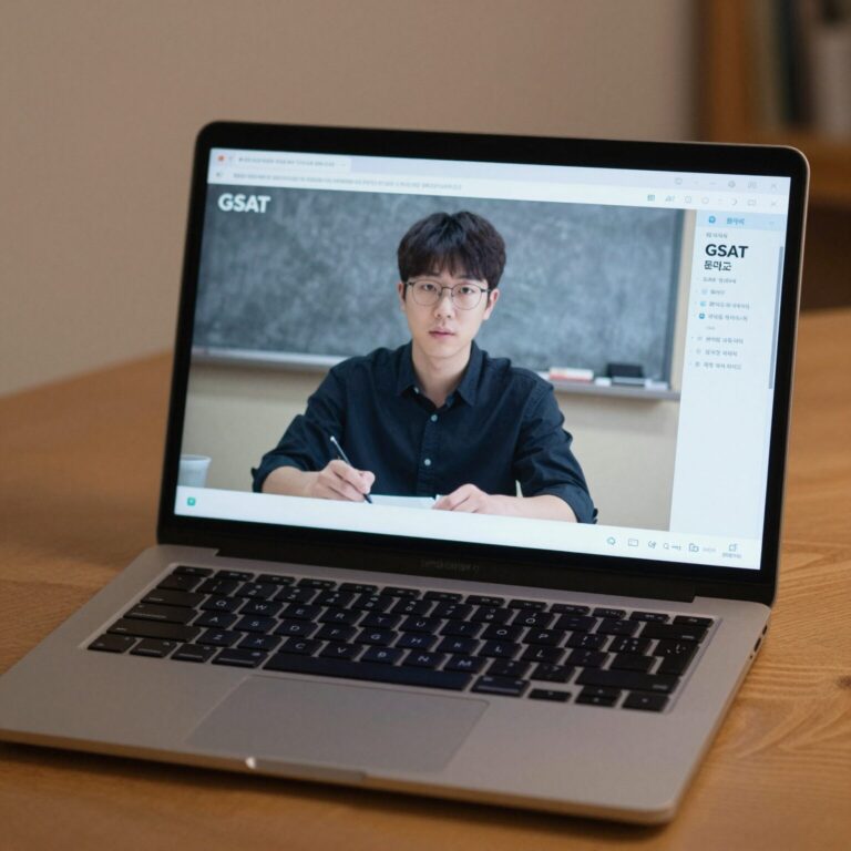 노트북 화면에서 GSAT 온라인 모의고사를 풀고 있는 모습