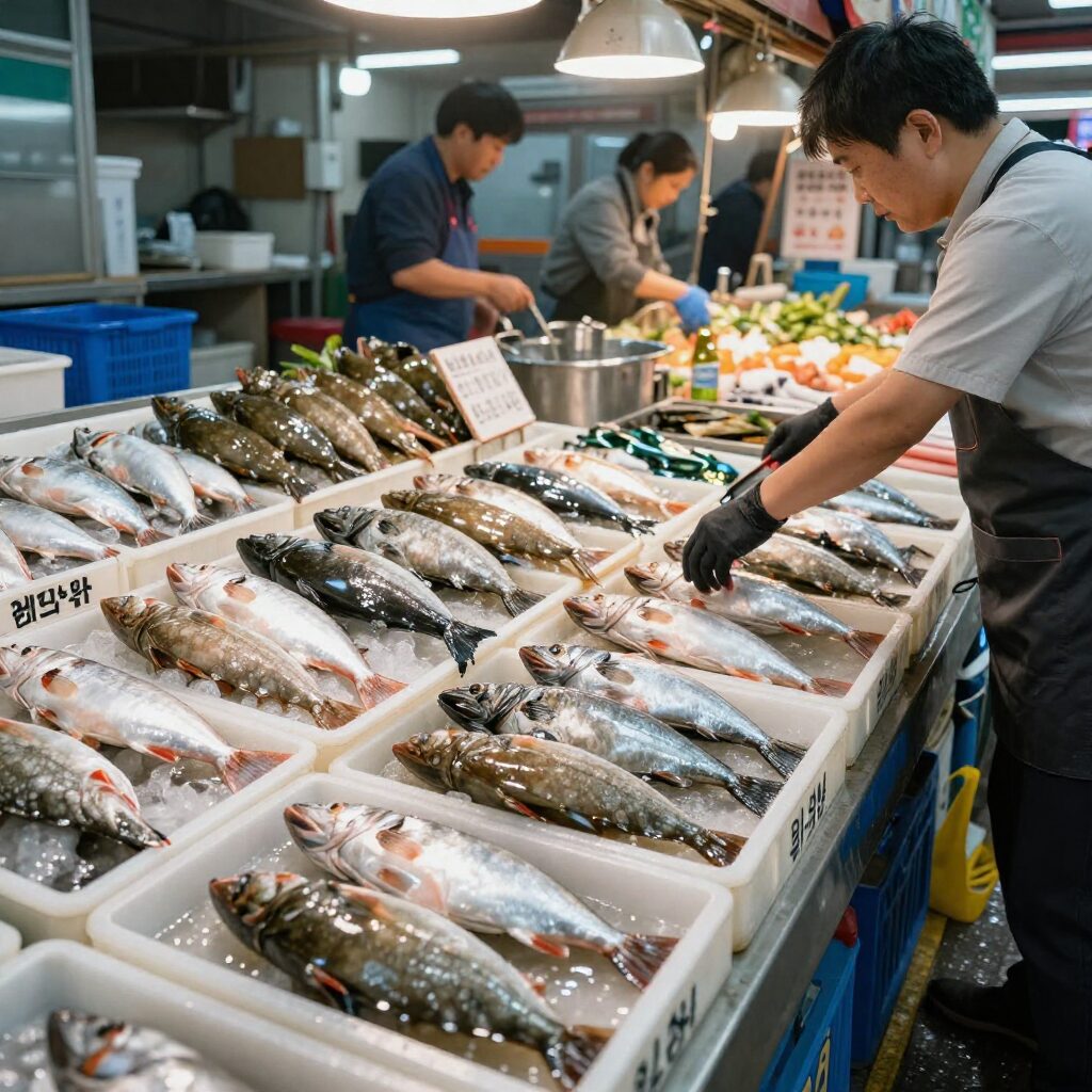 신선한 광양 해산물이 가득 진열된 어시장 내부 모습