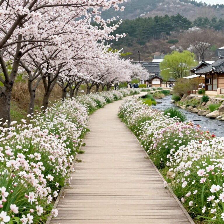 구례 반곡마을 서시천과 산수유꽃이 어우러진 데크길 풍경