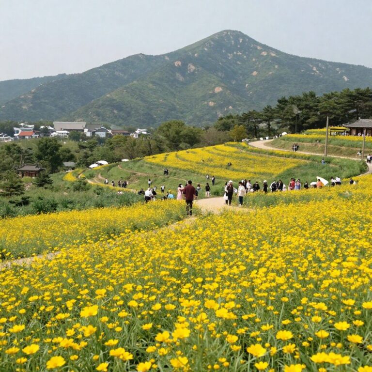 구례 산수유 축제장 전망대에서 바라본 노란 꽃물결과 지리산 풍경