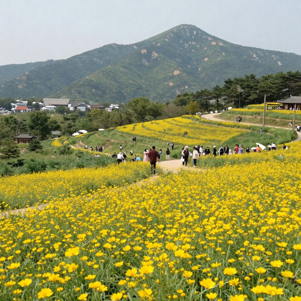구례 산수유 축제장 전망대에서 바라본 노란 꽃물결과 지리산 풍경
