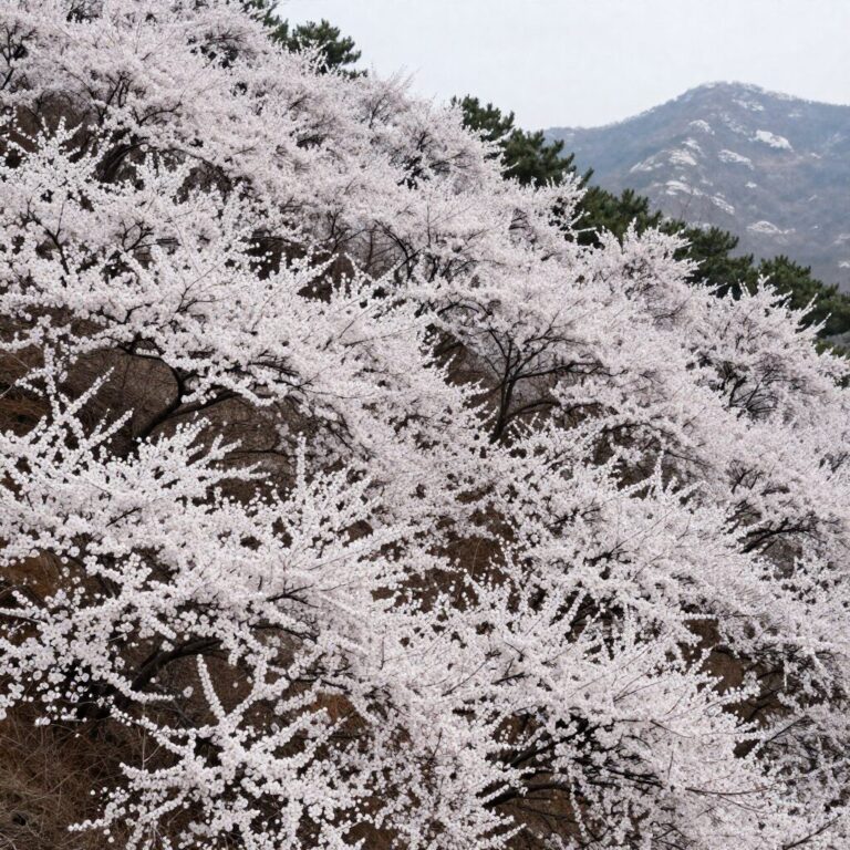 섬진강을 배경으로 한 언덕에 흩뿌려진 하얀 매화꽃 풍경
