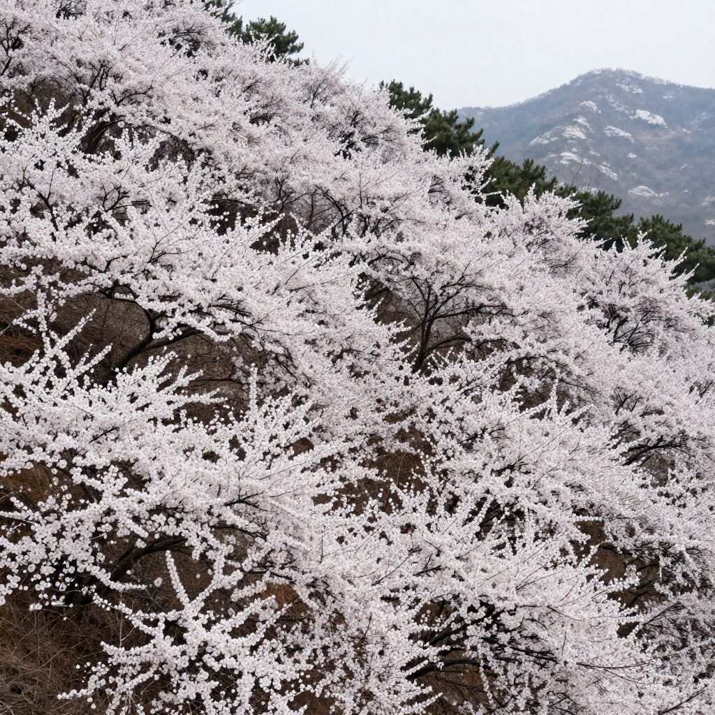 섬진강을 배경으로 한 언덕에 흩뿌려진 하얀 매화꽃 풍경