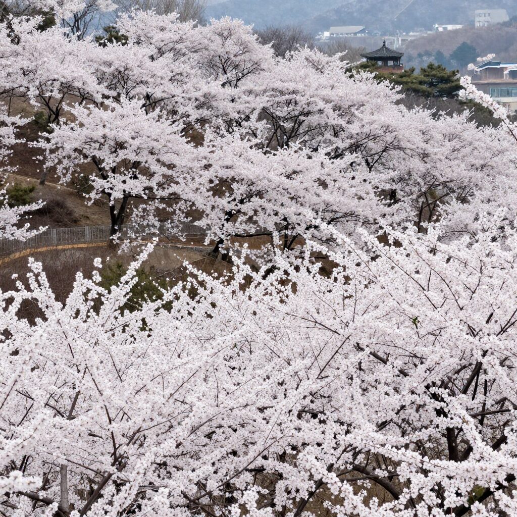광양 매화마을 전망대에서 바라본 하얀 매화 군락 풍경