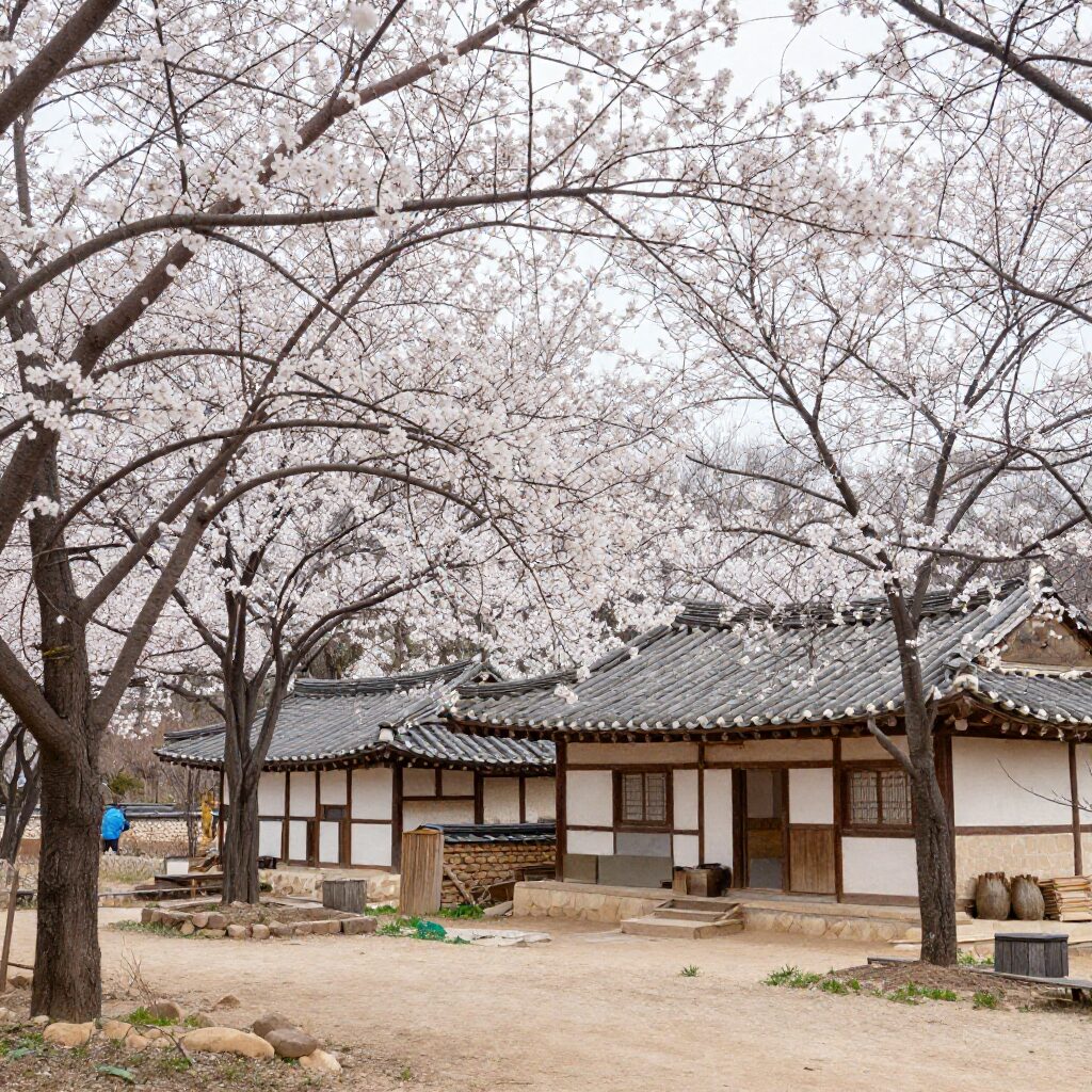섬진강을 배경으로 한 하얀 매화나무 군락과 초가집이 어우러진 광양 매화마을 풍경