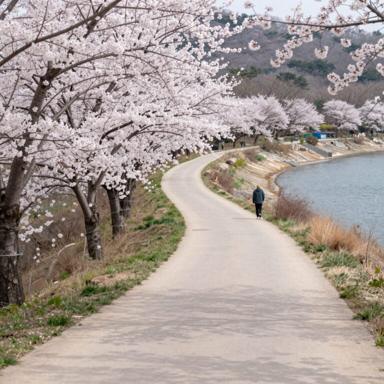 가평 청평호반로를 따라 굽이치며 펼쳐진 벚꽃길과 호수 풍경