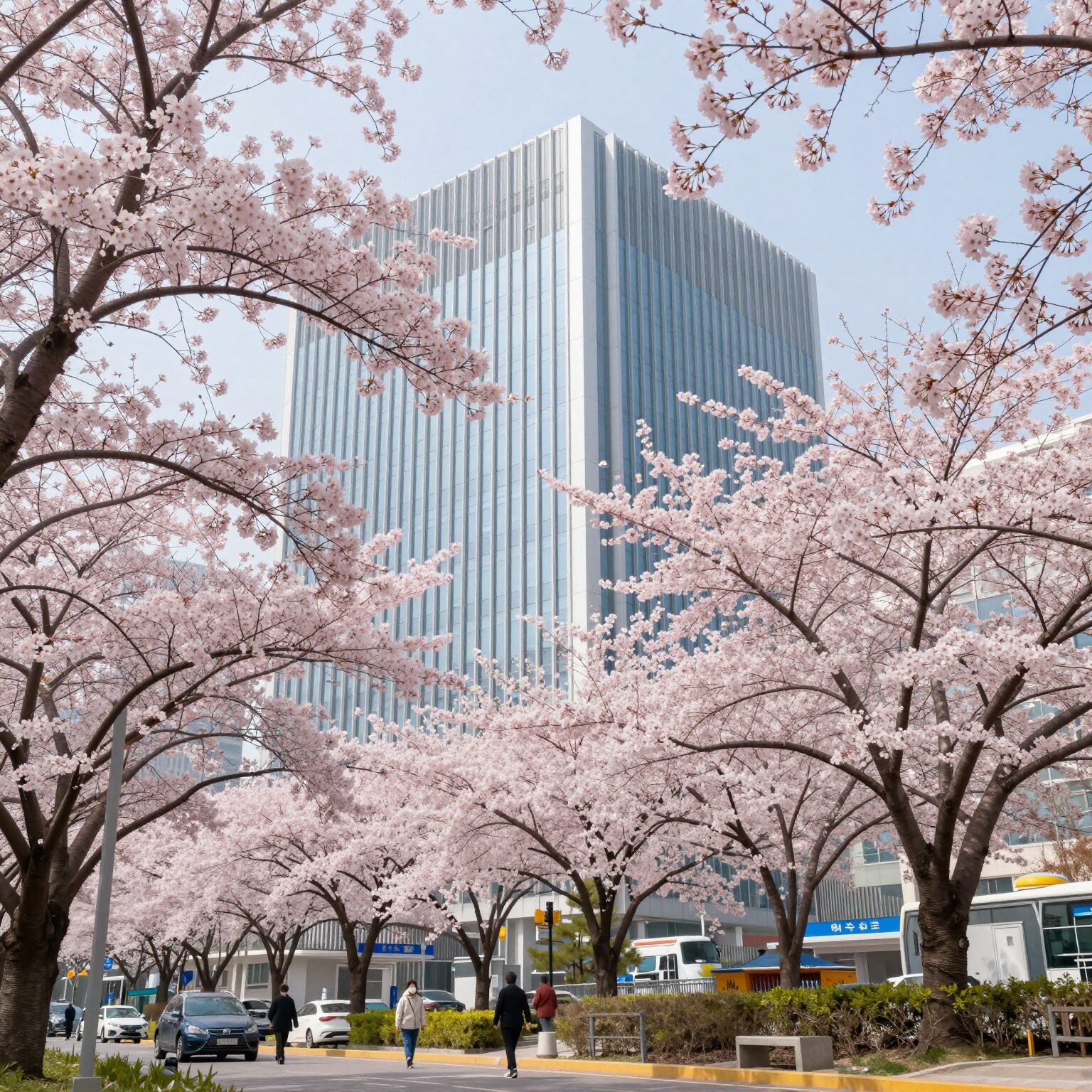 한강진역 블루스퀘어 건물과 분홍색 벚꽃 나무가 조화를 이루는 봄 풍경