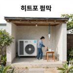 히트펌프 작동 원리를 설명하는 다이어그램 실내와 실외 열 이동 과정