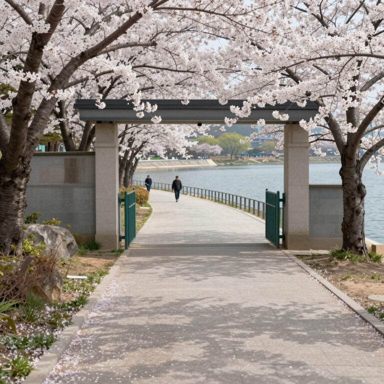 호암미술관 진입로의 흐드러지게 핀 하얀 벚꽃길과 호수 풍경