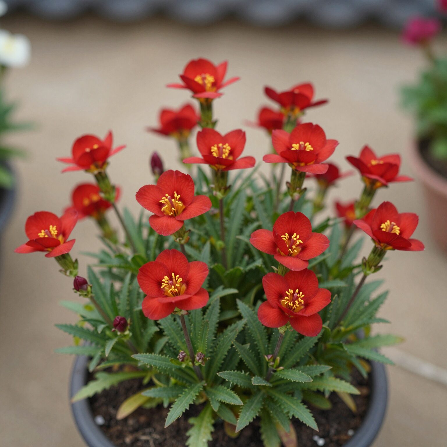 붉은 홍천조 명자꽃이 활짝 핀 화분 사진, 노란 수술이 선명하게 보임