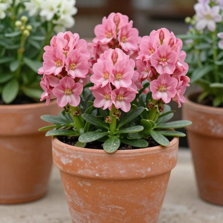 분홍색 히아신스 꽃이 피어있는 테라코타 화분