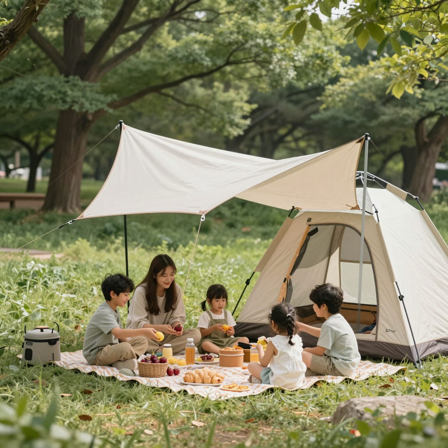 인천대공원 그늘막 텐트 존에서 가족이 피크닉을 즐기고 있는 모습