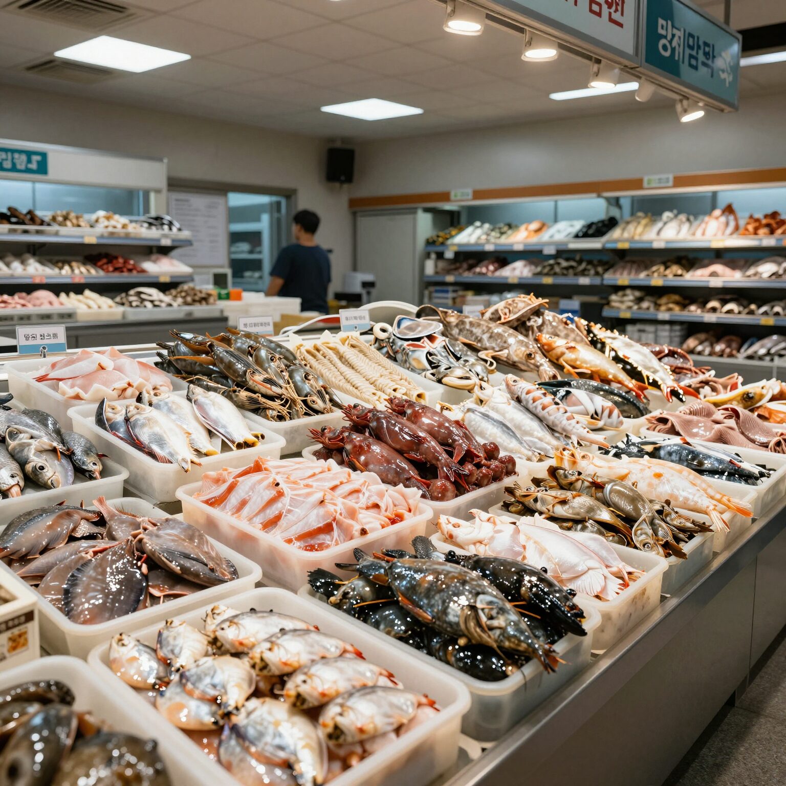 당진 장고항 수산물 유통센터 내부 모습, 신선한 실치회와 다양한 해산물이 진열되어 있음