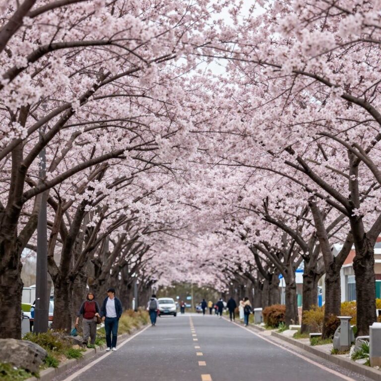 제주 왕벚꽃 거리에 핀 분홍색 벚꽃 나무들